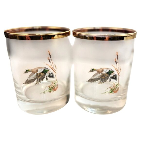 Culver Ned Smith 22k Gold Rim Duck Waterfowl Double Old-Fashioned Glasses Set Of - Picture 14 of 16